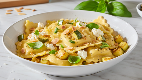 RAVIOLONES CAPRESSE CON ZUCCHINI, QUESO DE CABRA Y ALMENDRAS TOSTADAS