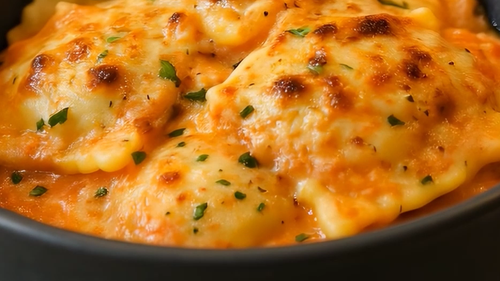 Raviolones Gratinados con Salsa Rosa y Albahaca