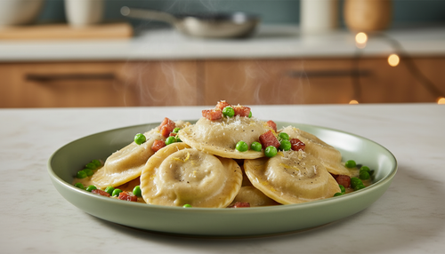 SORRENTINOS ESPINACA & PROVOLONE CON MANTECA DORADA, PANCETA CROCANTE Y ARVEJAS TOSTADAS